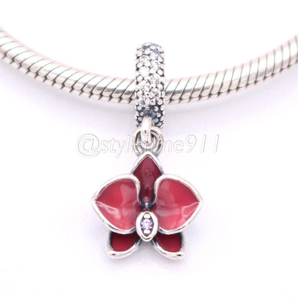 Authentic PANDORA Sterling Silver Orchid Dangle Charm with CZ & Purple Enamel